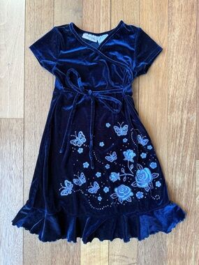 YOUNGLAND Blue Velvet Butterfly + Flower Dress